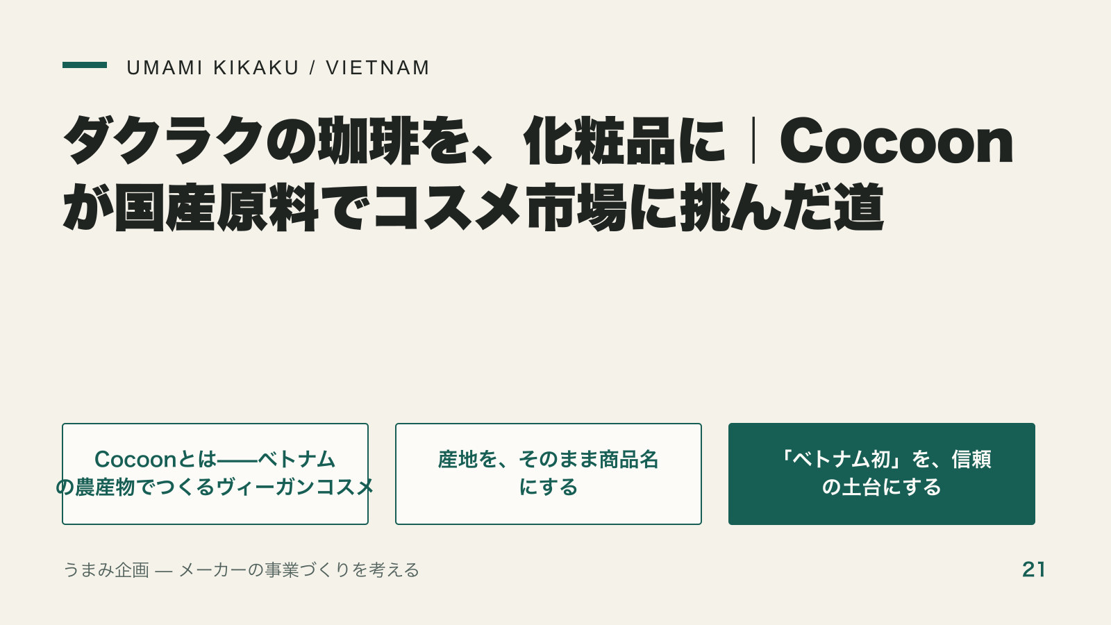 ダクラクの珈琲を、化粧品に｜Cocoonが国産原料でコスメ市場に挑んだ道の要点を整理した図