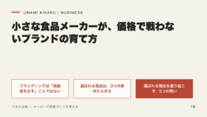 小さな食品メーカーが、価格で戦わないブランドの育て方の要点を整理した図