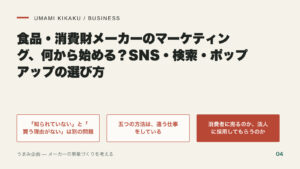 食品・消費財メーカーのマーケティング、何から始める?SNS・検索・ポップアップの選び方の要点を整理した図