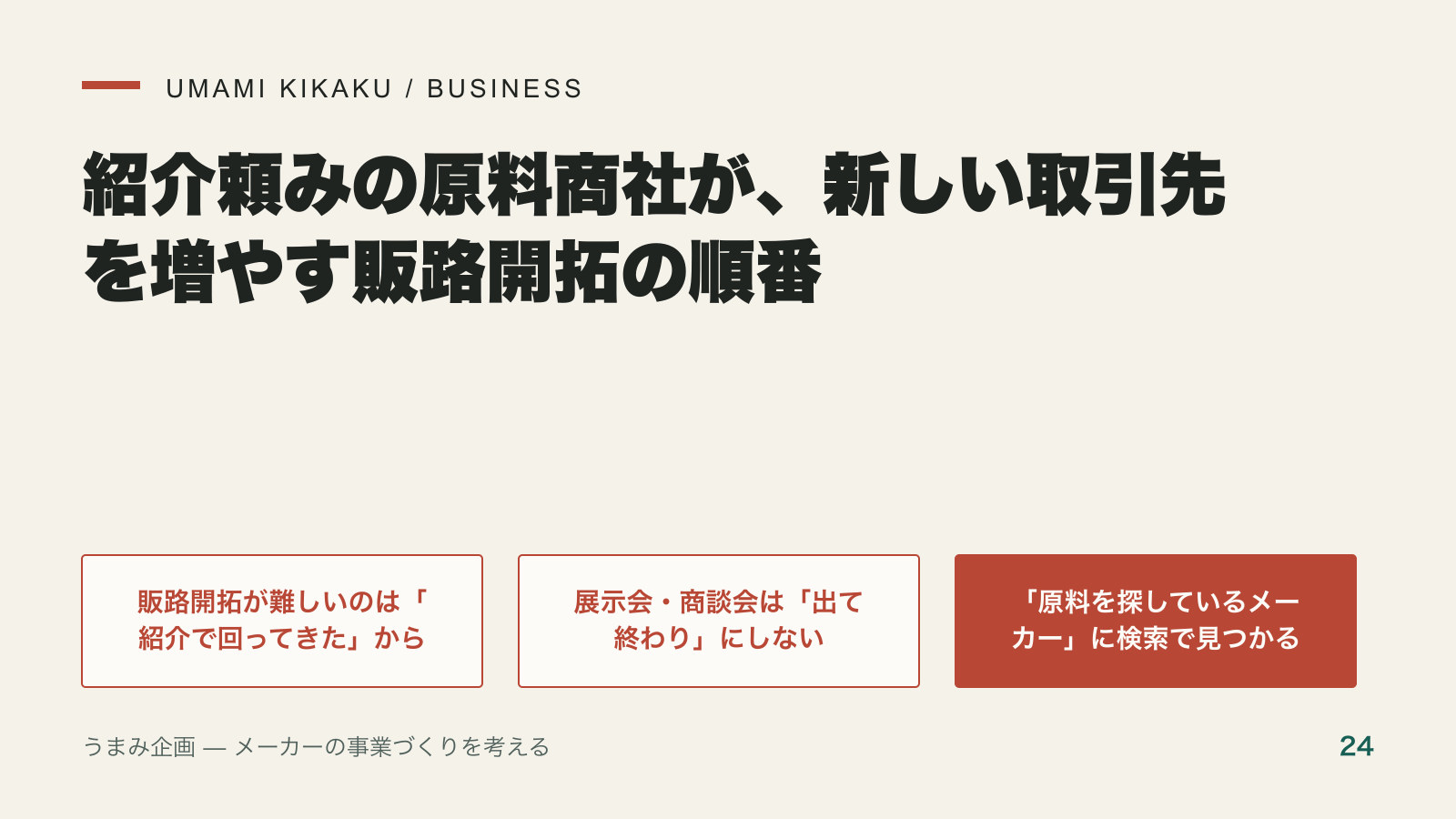紹介頼みの原料商社が、新しい取引先を増やす販路開拓の順番の要点を整理した図