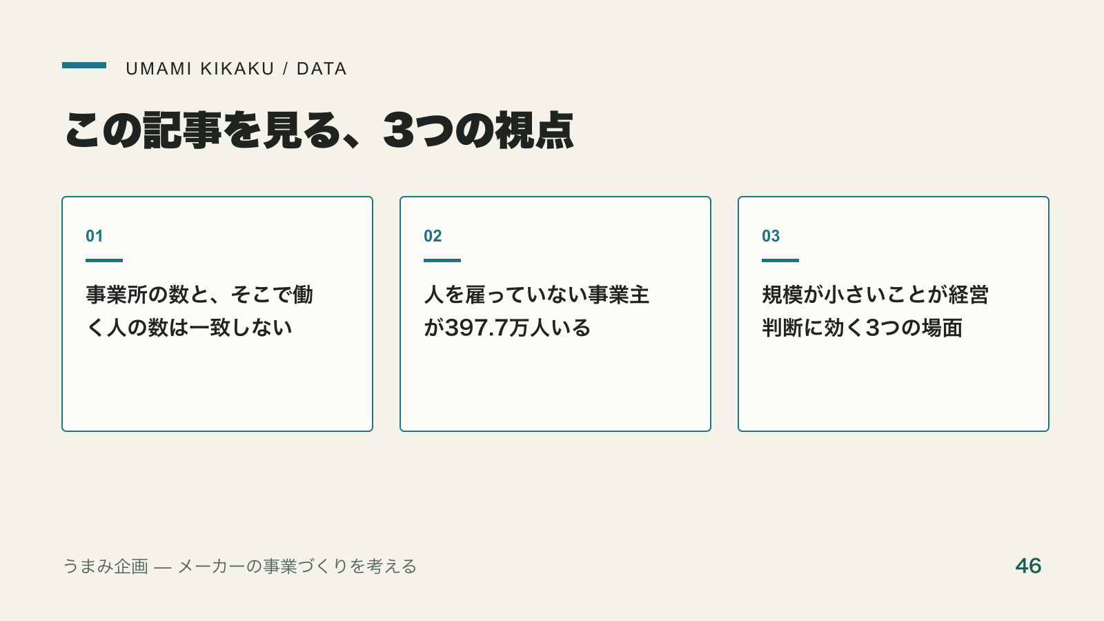 1〜4人の事業所が46.1%。そこで働く人は7.3%しかいないで押さえる3つの視点